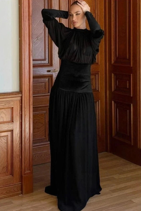Glorol - Elegant Round Neck Long Sleeve High Waist Slim Maxi Dress