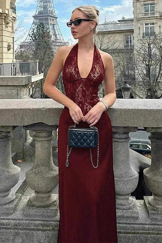Glorol - Hollow-Out Lace Patchwork Deep V-Neck Maxi Dress
