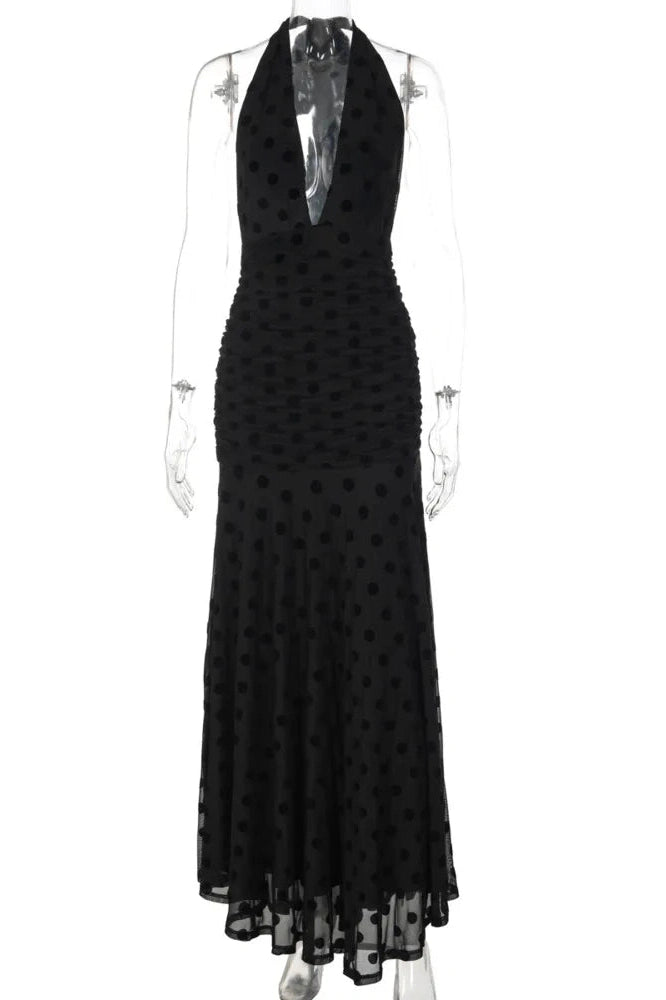 Glorol - Polka Dot Deep V Neck Sleeveless Backless Bodycon Maxi Dress