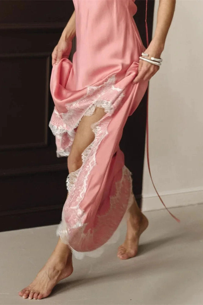 Glorol - Lace Printed V-Neck High Waist Slim Backless Maxi Dress
