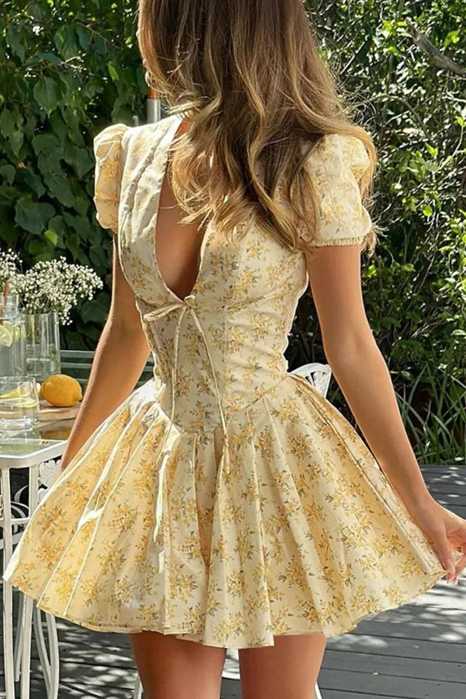 Glorol - Deep V Neck Print Lace-up Short Sleeve A-line Mini Dress