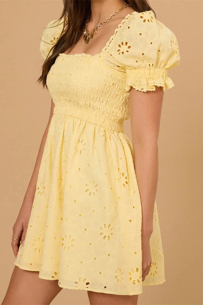 Glorol - Puff Sleeve Square Neck A-Line Mini Dress