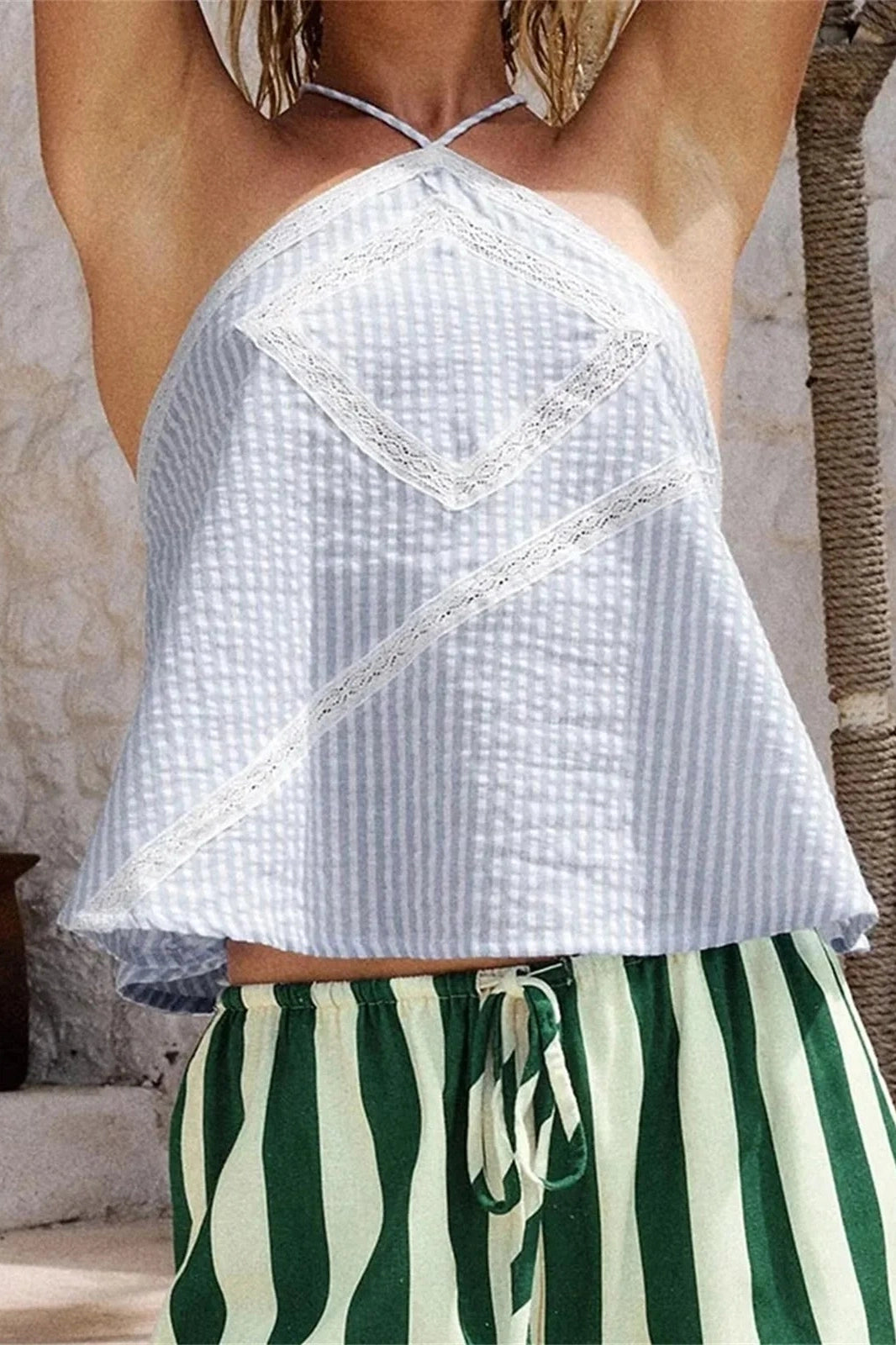 Glorol - Sleeveless Backless Striped Patchwork Loose Top