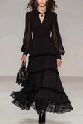 Glorol - Pleated V-Neck Long Sleeve High Waist Maxi Dress