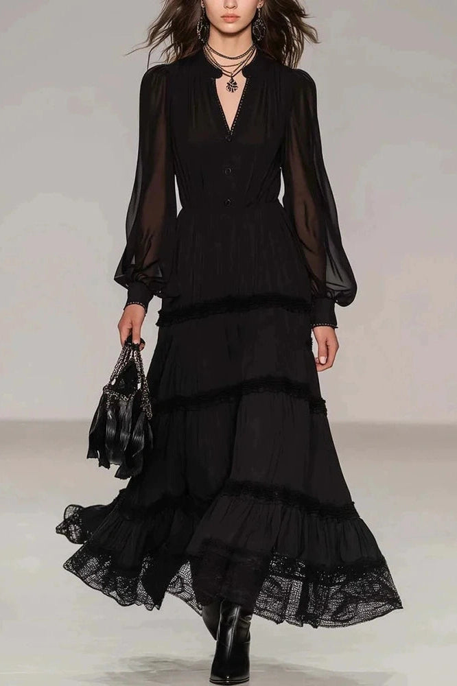 Glorol - Pleated V-Neck Long Sleeve High Waist Maxi Dress