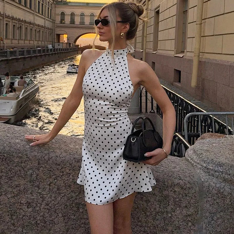 Glorol - Polka Dot Sleeveless Backless Slim Mini Dress