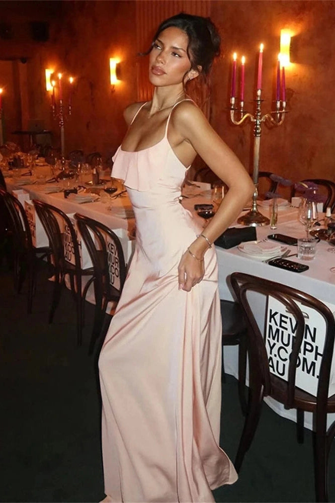 Glorol - Backless Lace-Up Patchwork Slim Maxi Dress