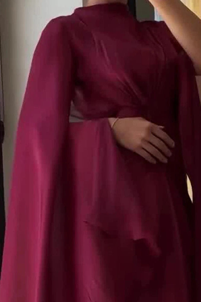 Glorol - Long Sleeve Lace Up O-Neck Loose Pleated Maxi Dress