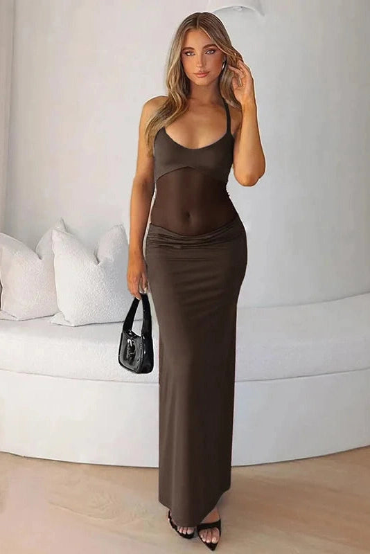 Glorol - Backless Patchwork Sleeveless High Waist Slim Maxi Dress