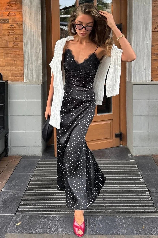 Glorol - Lace V-Neck Backless High Waist Midi Dress