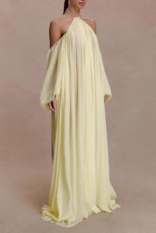 Glorol - Backless Lace Up Off Shoulder Pleat Loose Maxi Dress