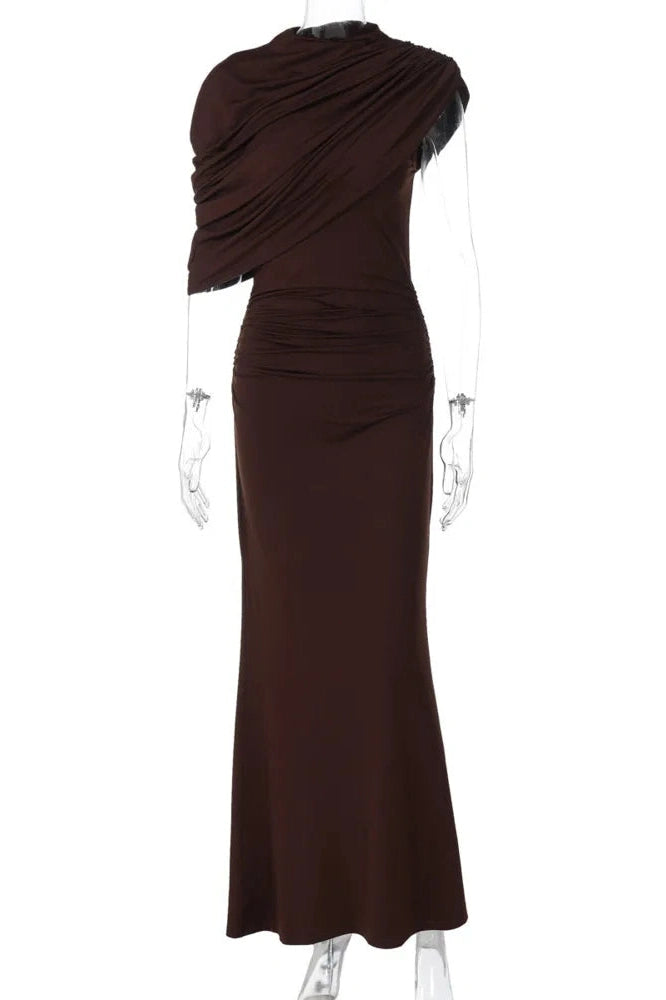 Glorol - Inclined Shoulder Pleated Irregular Maxi Dress