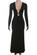 Glorol - Hollow Out Deep V-Neck Slim Long-Sleeved High Waist Maxi Dress