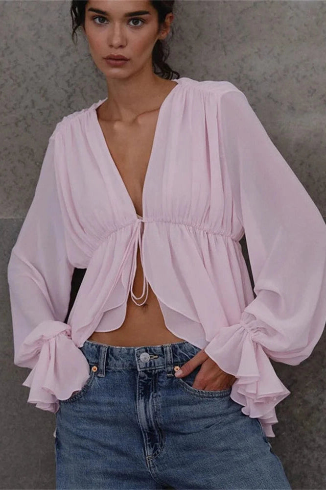 Glorol - Lace-Up V-Neck Loose Patchwork Top