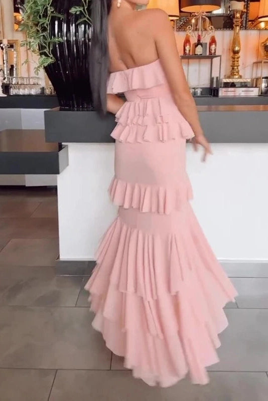 Glorol - Elegant High Waist Split Strapless Maxi Dress