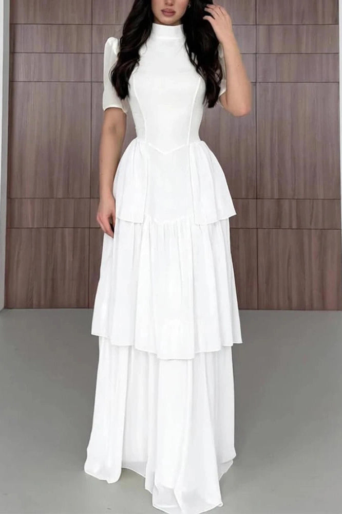 Glorol - O-Neck Pleat High Waist Maxi Dress