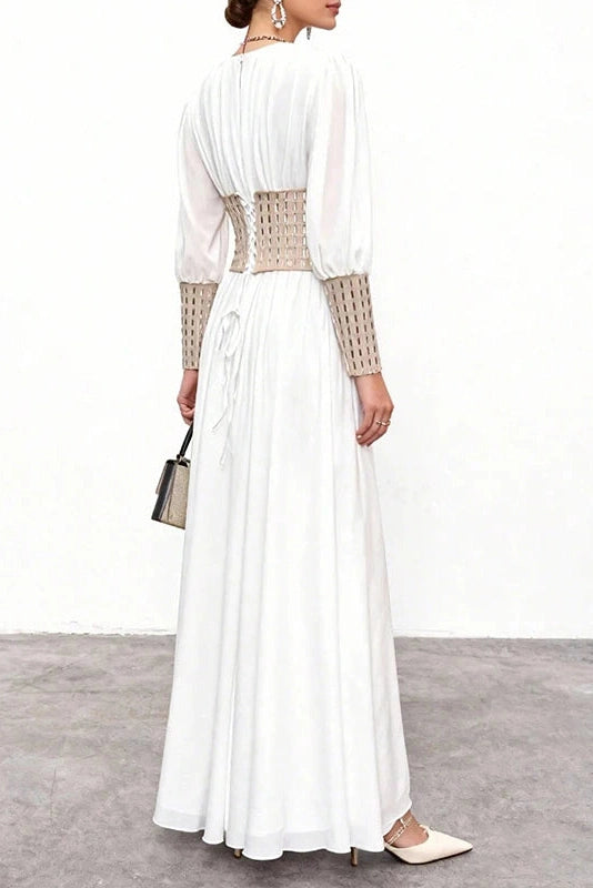 Glorol - Long Sleeve Slim V-Neck High Waist Maxi Dress