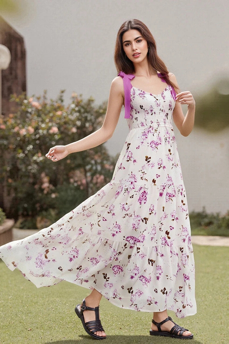 Glorol - Sleeveless Backless Tie-Up Printed Maxi Dress