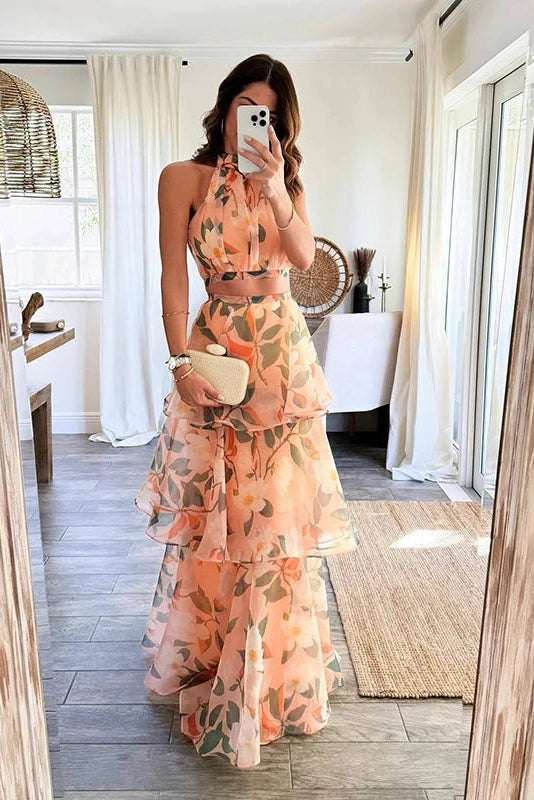 Glorol - Elegant Slim Printed Sleeveless High Waist Maxi Dress