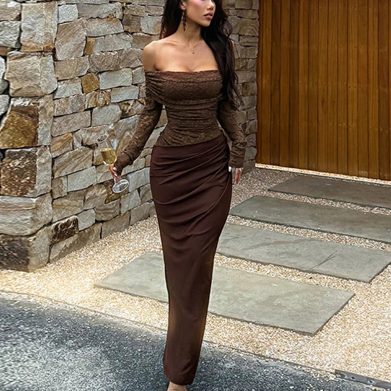Glorol - Off Shoulder Patchwork Backless See Through Maxi Dress
