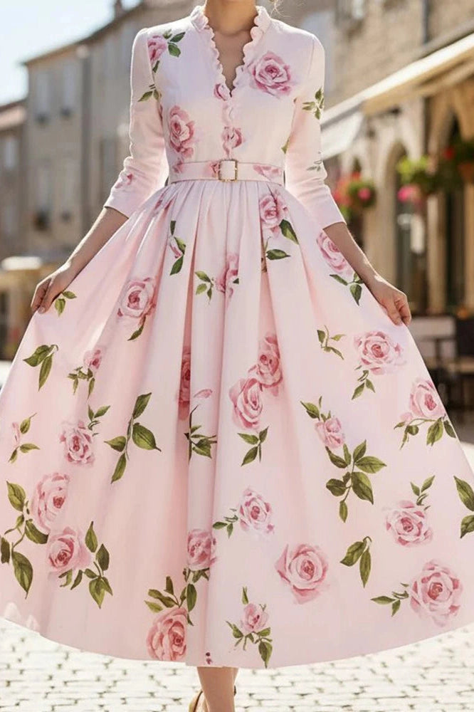 Glorol - Elegant High Waist A-Line V-Neck Printed Long Sleeve Pleated Midi Dress
