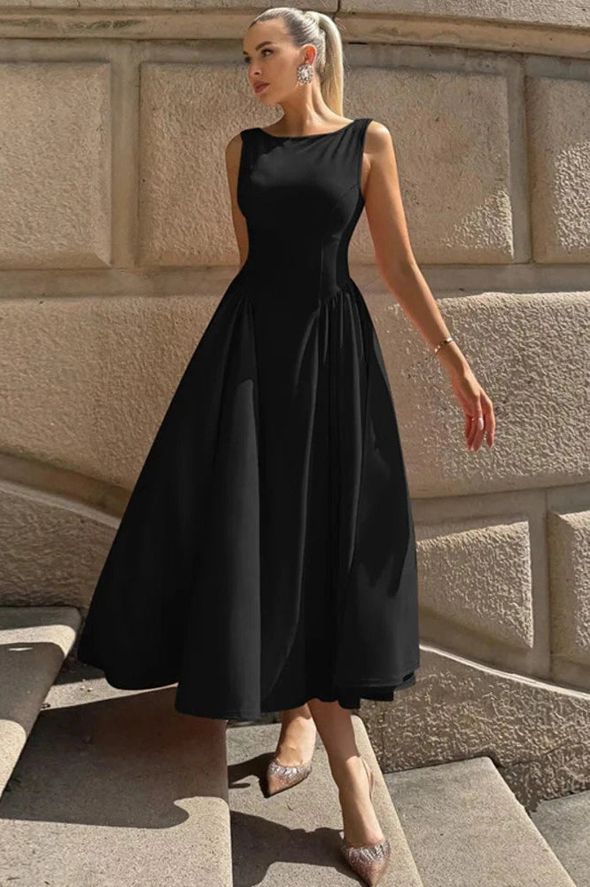 Glorol - Sleeveless Pleated O Neck High Waist A-Line Midi Dress