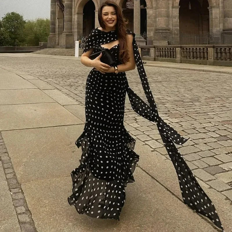 Glorol - Elegant Polka Dot Scarf Ribbon Pleated Maxi Dress