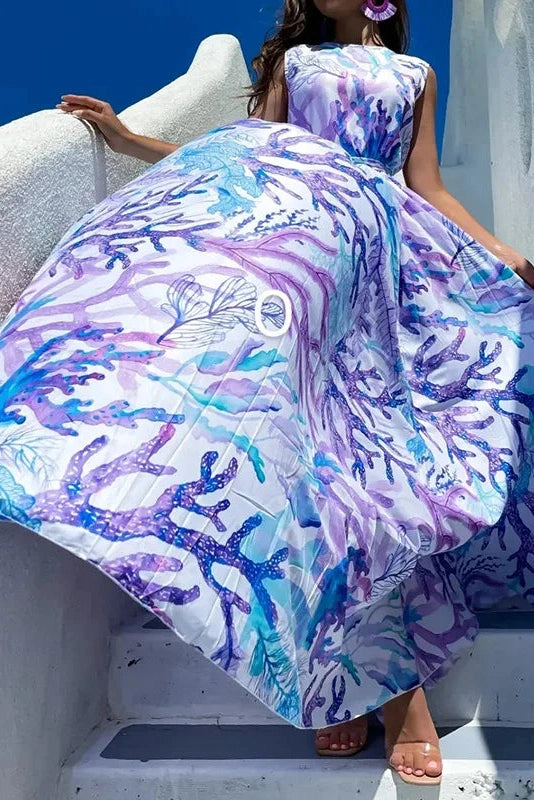 Glorol - Printed Pleated Sleeveless High Waist Maxi Dress