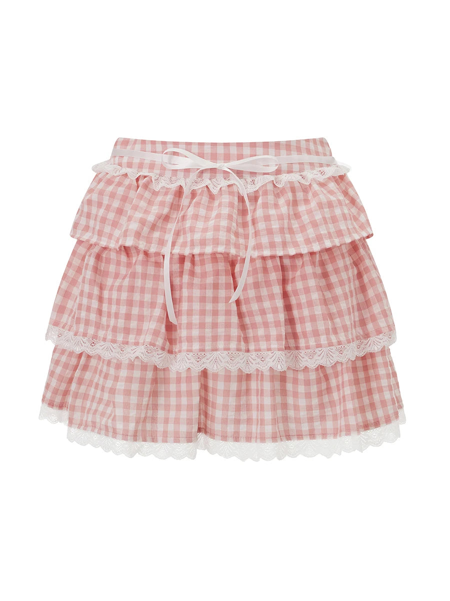 Glorol - A Line Plaid Print Tie-Up Waist Skirt