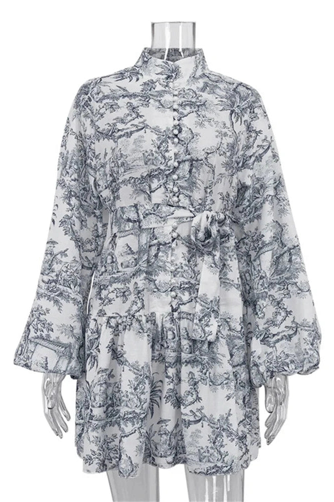 Glorol - Printed Lace-Up Pleated Long Sleeve Mini Dress