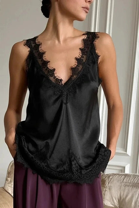 Glorol - Lace Deep V-Neck Sleeveless Loose Top