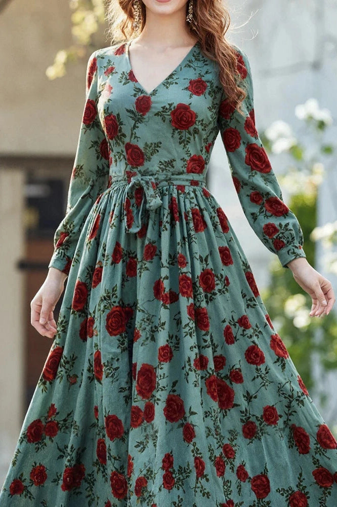 Glorol - Elegant Long Sleeve Slim Pleated V-Neck Printed Maxi Dress