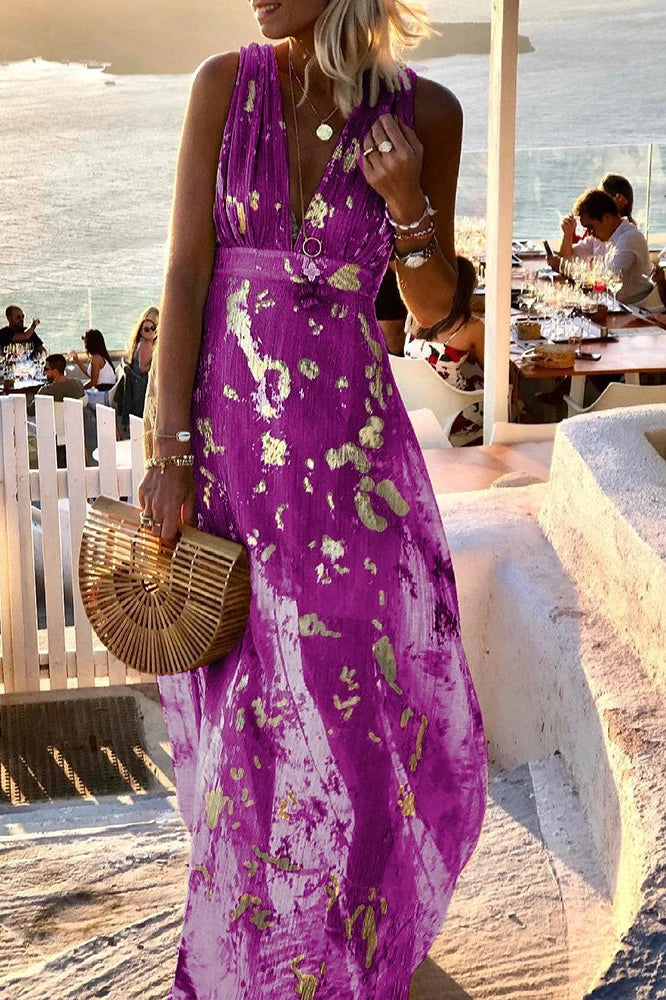 Glorol - Hollow High Waist Printed Sleeveless Deep V Neck Maxi Dress