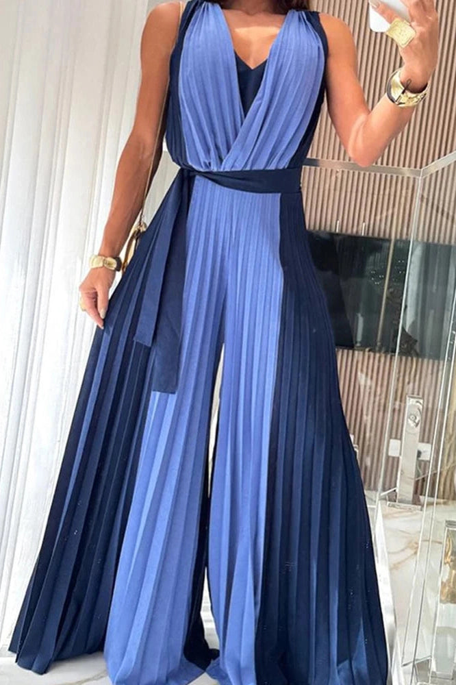 Glorol - Elegant V-Neck Pleated High Waist Hollow Out Jumpsuit