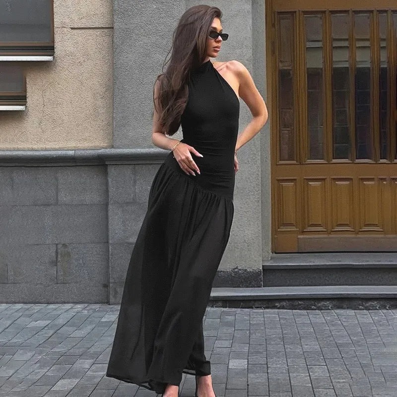 Glorol - Off Shoulder Patchwork Lace-Up Maxi Dress
