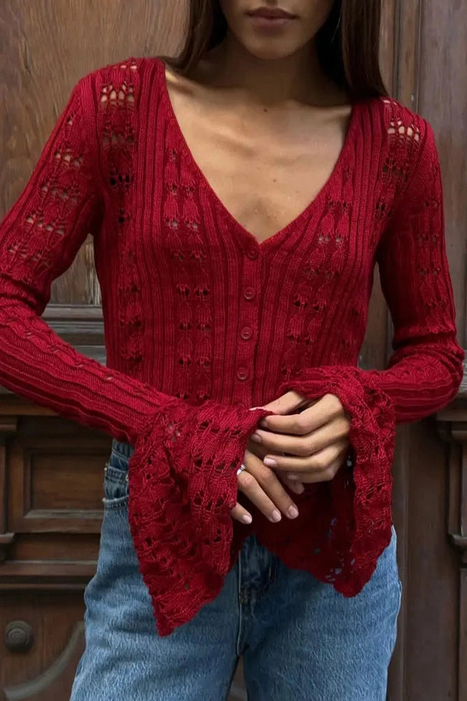 Glorol - Hollow Out V-Neck Long Sleeve Patchwork Top