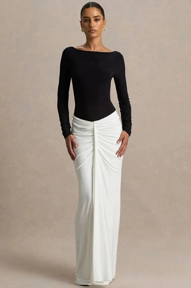 Glorol - Long Sleeve Backless Patchwork High Waist Maxi Dress