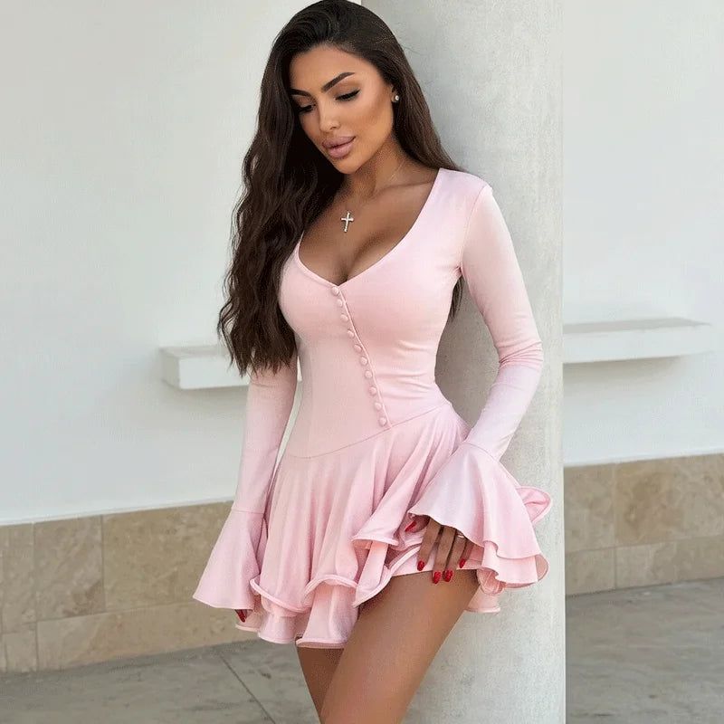 Glorol - Elegant V-Neck Button Patchwork Mini Dress