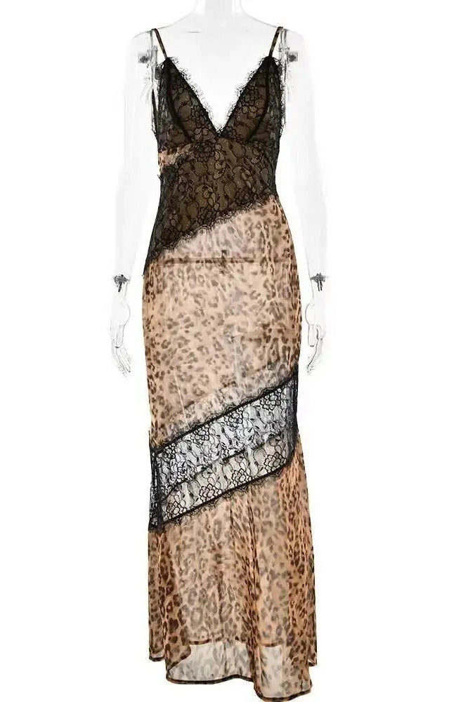 Glorol - Printed Spaghetti Strap Patchwork See Through Sleeveless Maxi Dress