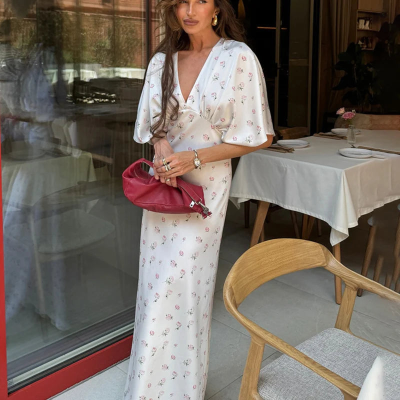 Glorol - Printed V-Neck Short Sleeve Maxi Dress