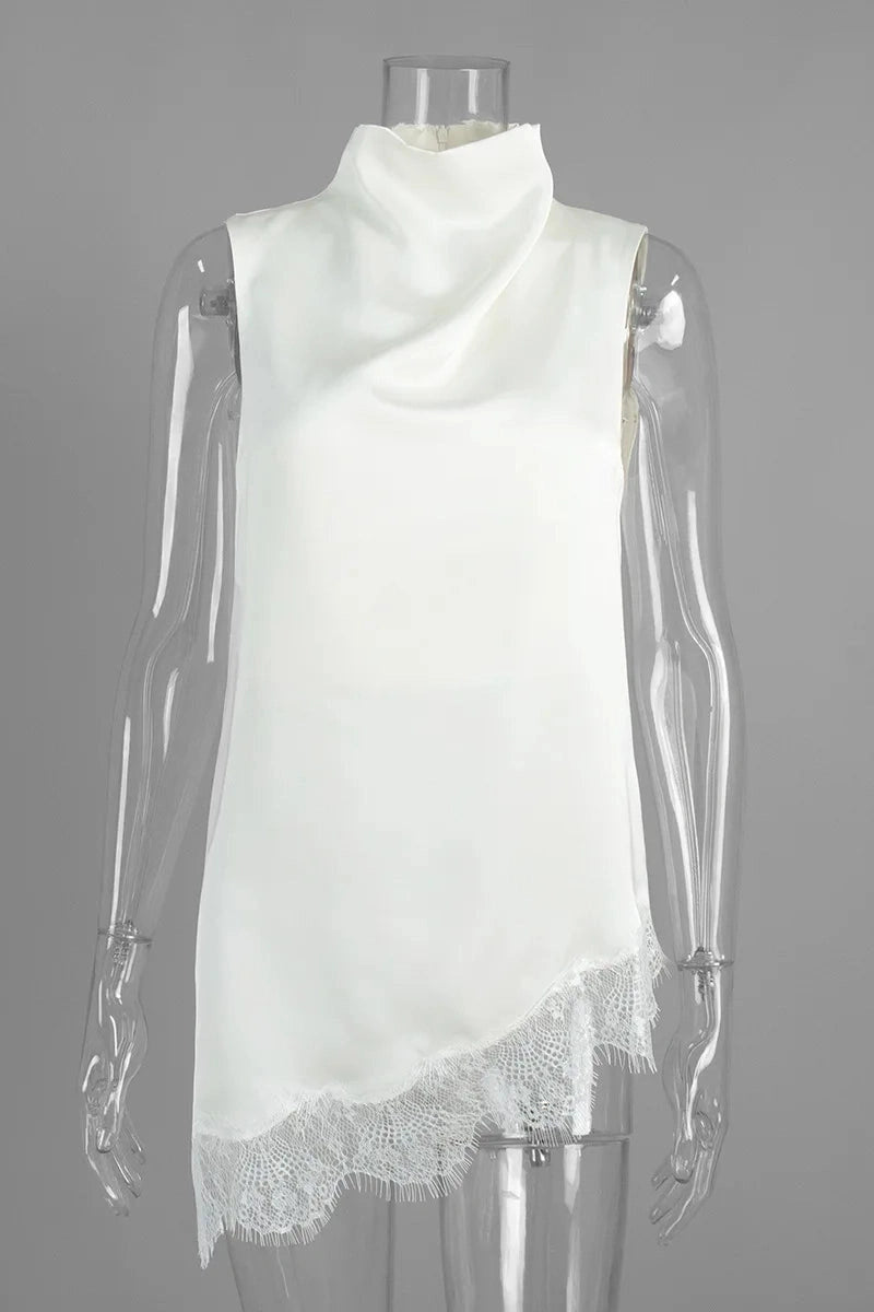 Glorol - Lace High-Neck Sleeveless Loose Irregular Top