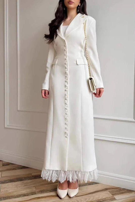 Glorol - Long Sleeve Single Breasted V-Neck Lace Maxi Dress