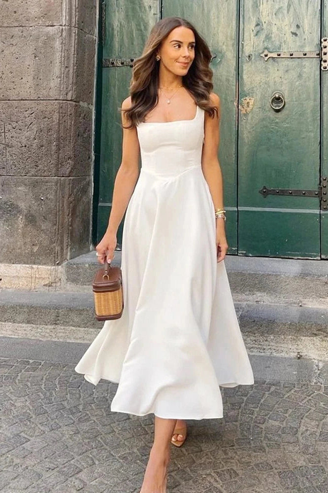 Glorol - Sleeveless Square Collar High Waist A-Line Midi Dress