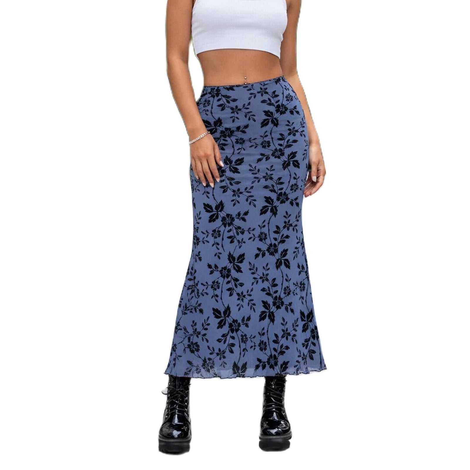 Glorol - Floral Print Flocked Mesh High Waist Skirt