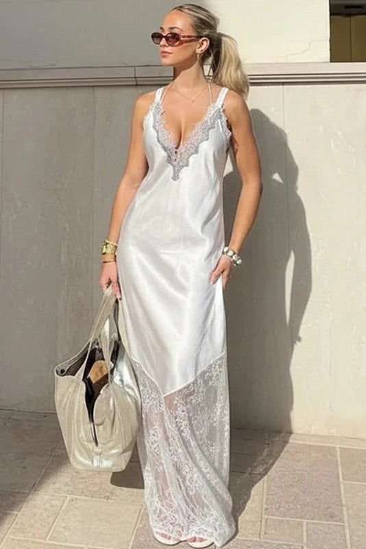 Glorol - Hollow Lace Loose Backless V-Neck Sleeveless Maxi Dress