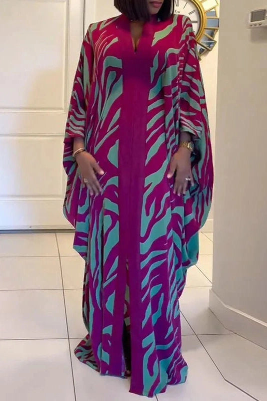 Glorol - Elegant Pleated Sleeves Loose V-Neck Maxi Dress