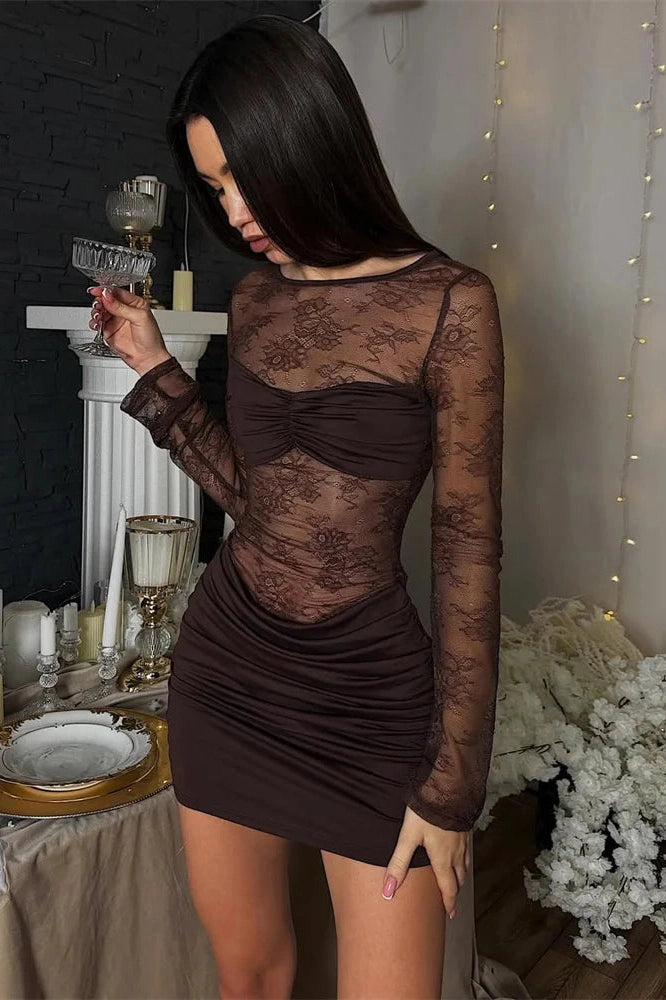Glorol - Lace Printed See-Through Long Sleeve Mini Dress