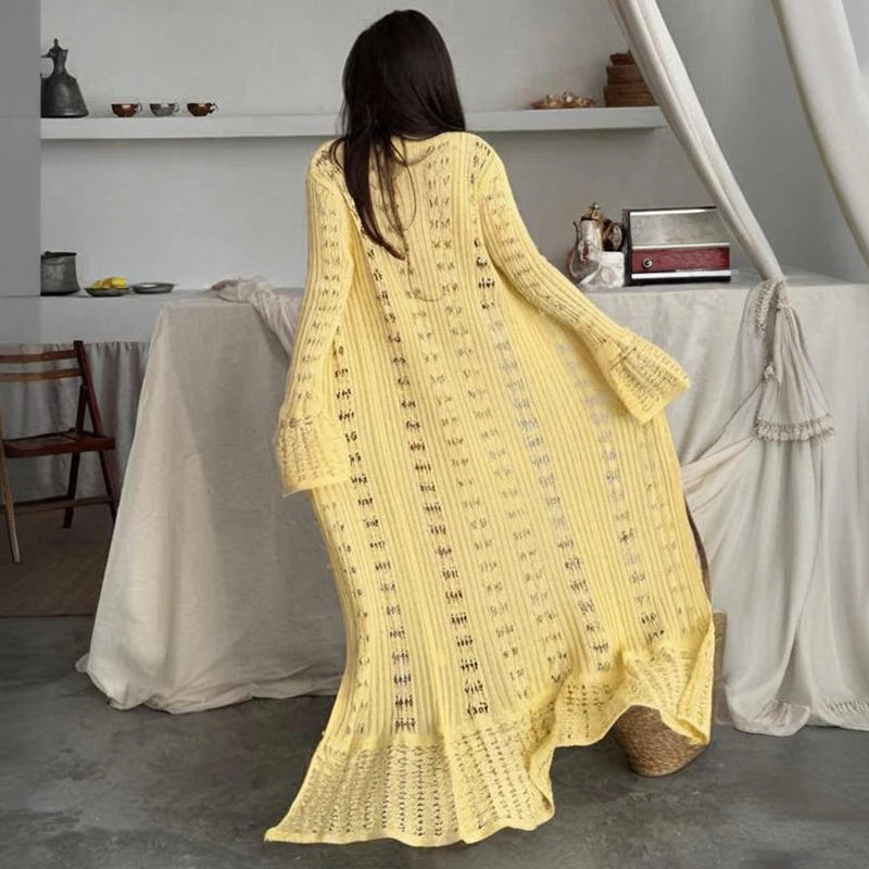 Glorol - Hollow Knitted Long Sleeve Maxi Dress