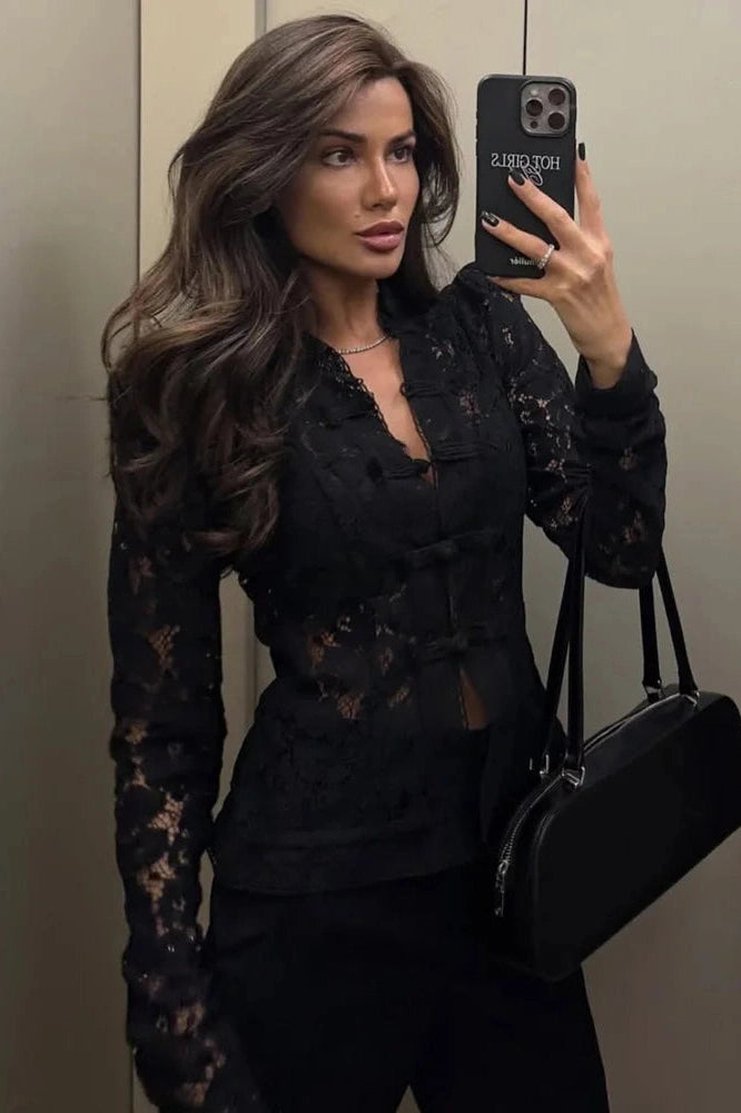 Glorol - Hollow Out Lace Printed Top