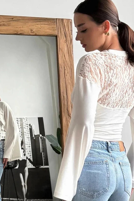 Glorol - Lace Slim Round-Neck Long-Sleeve Top